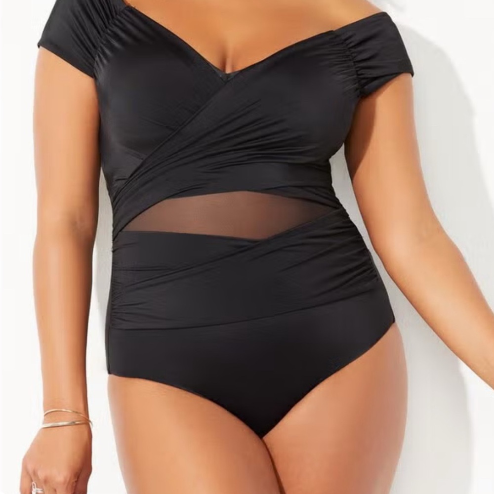 Black cap sleeve with mesh cut outs swimsuit